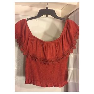 Orange Smocked Off-The-Shoulder Crop Top